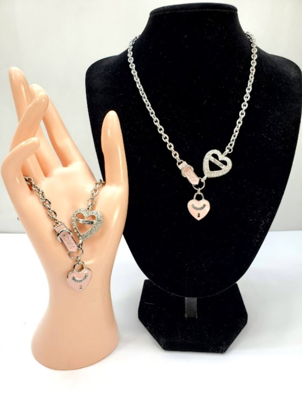 Y2K Juicy Couture Pave Heart & Pink Enamel Lock Toggle Necklace & Bracelet Set